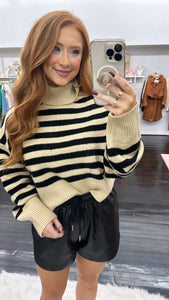 Lindsey Striped Turtleneck Sweater-Taupe