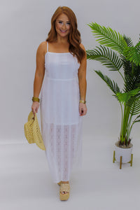 Romantic Vacay Crocket Midi Dress- White