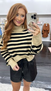 Lindsey Striped Turtleneck Sweater-Taupe