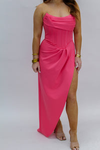 Bold Moves Drapped Slit Strapless Dress- Pink