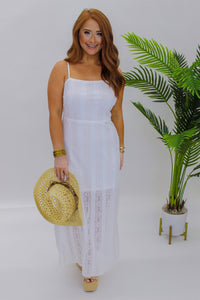 Romantic Vacay Crocket Midi Dress- White