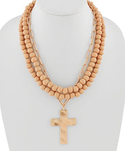 Load image into Gallery viewer, Cross Pendant Wood Bead Triple Necklace
