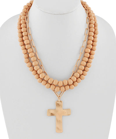 Cross Pendant Wood Bead Triple Necklace