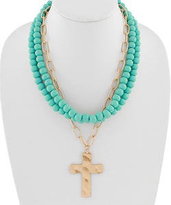 Cross Pendant Wood Bead Triple Necklace