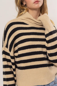 Lindsey Striped Turtleneck Sweater-Taupe