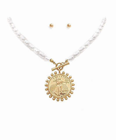 Coin Pendant & Baroque Pearl Toggle Necklace Set