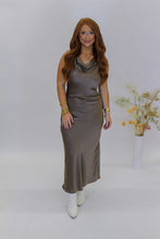 Load image into Gallery viewer, Karlie Satin Cowl Neck Dress-Mocha
