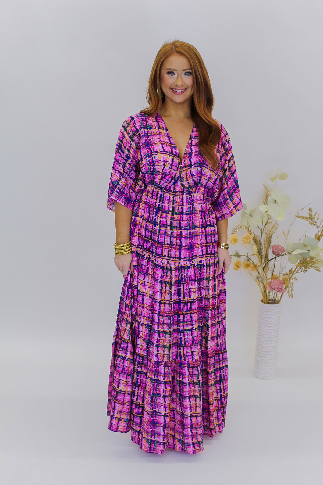 Give Love Plaid Maxi Dress- Pink