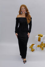 Load image into Gallery viewer, Midnight Velour Off Shoulder Midi Dress
