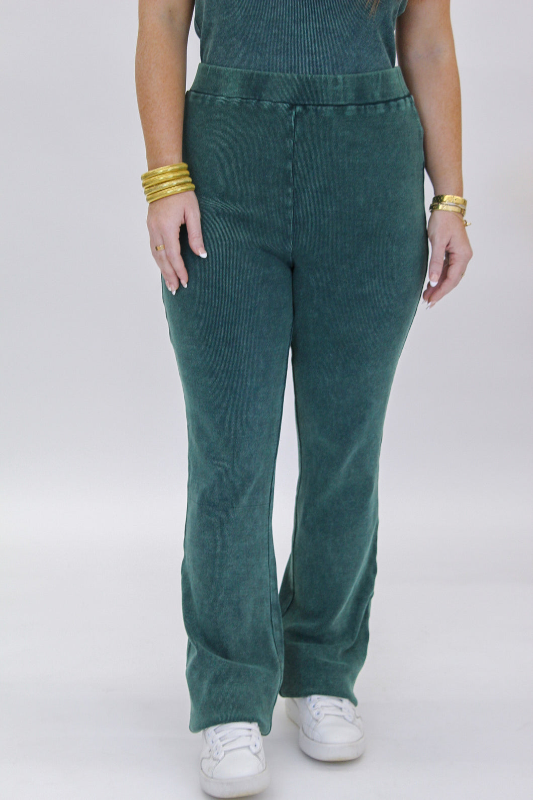 Cool Girl Washed Flare Pants Set- Green