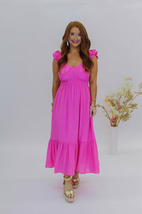 Sweetheart Shirred Midi Dress-Pink