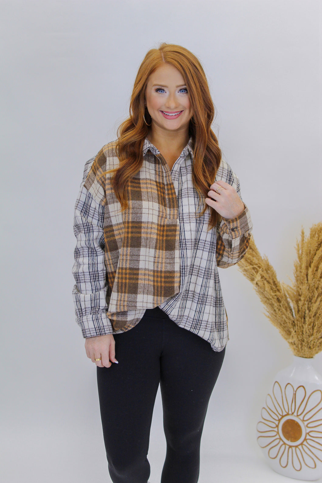 Breach Away Plaid Pullover- Brown