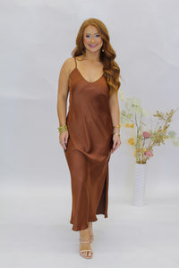 Nori Satin Midi Dress- Chocolate