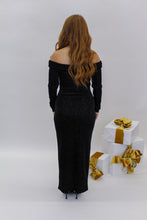 Load image into Gallery viewer, Midnight Velour Off Shoulder Midi Dress
