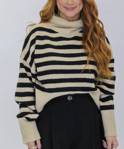 Lindsey Striped Turtleneck Sweater-Taupe