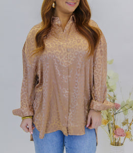 Leopard Jacquard Satin Button Up- Gold