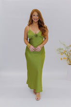 Load image into Gallery viewer, Rosette Satin Midi Dress- Sage
