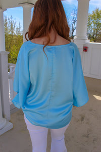 Adalee Kimono Sleeve V Neck Blouse- Sky