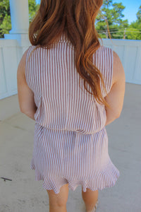 Brady Sleeveless Pleat Detail Stripe Romper- Brown/White