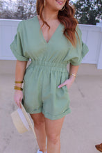 Load image into Gallery viewer, Hallow V Neck Pleated Romper- Sage
