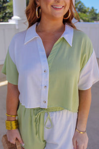 Key Lime Short Sleeve Contrast Top- Sage/White