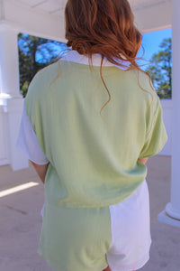 Key Lime Short Sleeve Contrast Top- Sage/White