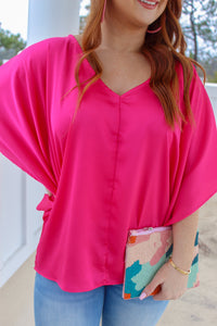 Adalee Kimono Sleeve V Neck Blouse- Hot Pink