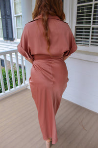 Love Me Right Satin Midi Dress- Rose