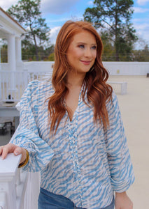 Sammi Zebra Button Up Blouse- Sky