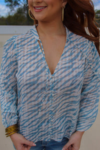 Sammi Zebra Button Up Blouse- Sky