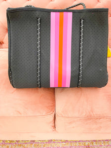 Neoprene Tote- Black & Pink Stripe