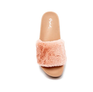 Faux Fur Platform Slippers- Blush