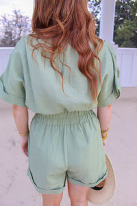 Hallow V Neck Pleated Romper- Sage