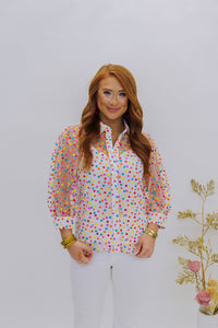 Confetti Mesh Button Up- White