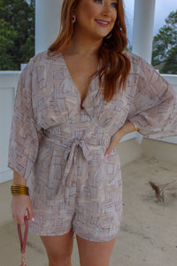 Kiki Kimono Sleeve Romper- Taupe Abstract