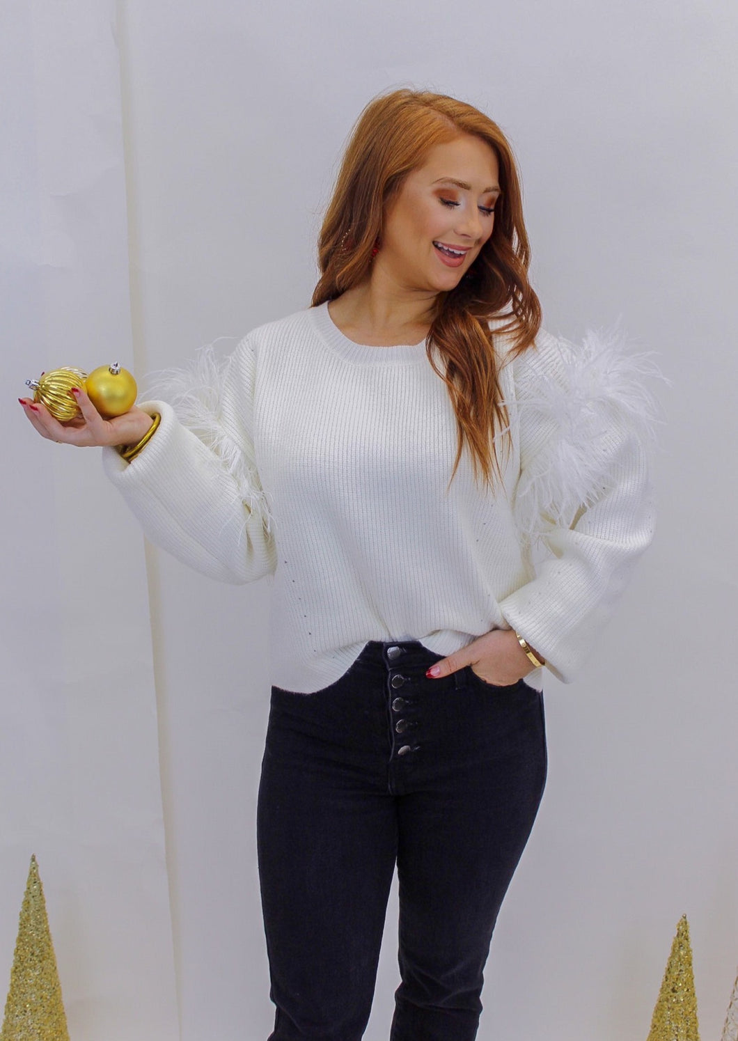 Angel Feather Trim Sweater- White