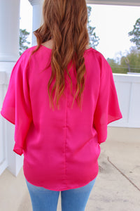 Adalee Kimono Sleeve V Neck Blouse- Hot Pink