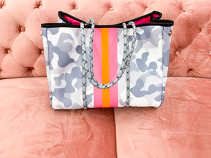 Neoprene Tote- White Camo & Neon Stripe