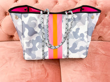 Load image into Gallery viewer, Neoprene Tote- White Camo &amp; Neon Stripe
