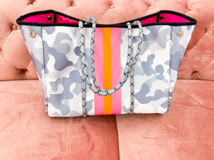 Neoprene Tote- White Camo & Neon Stripe