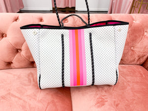 Neoprene Tote- White & Hot Pink Stripe