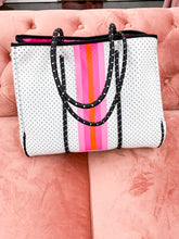 Load image into Gallery viewer, Neoprene Tote- White &amp; Hot Pink Stripe
