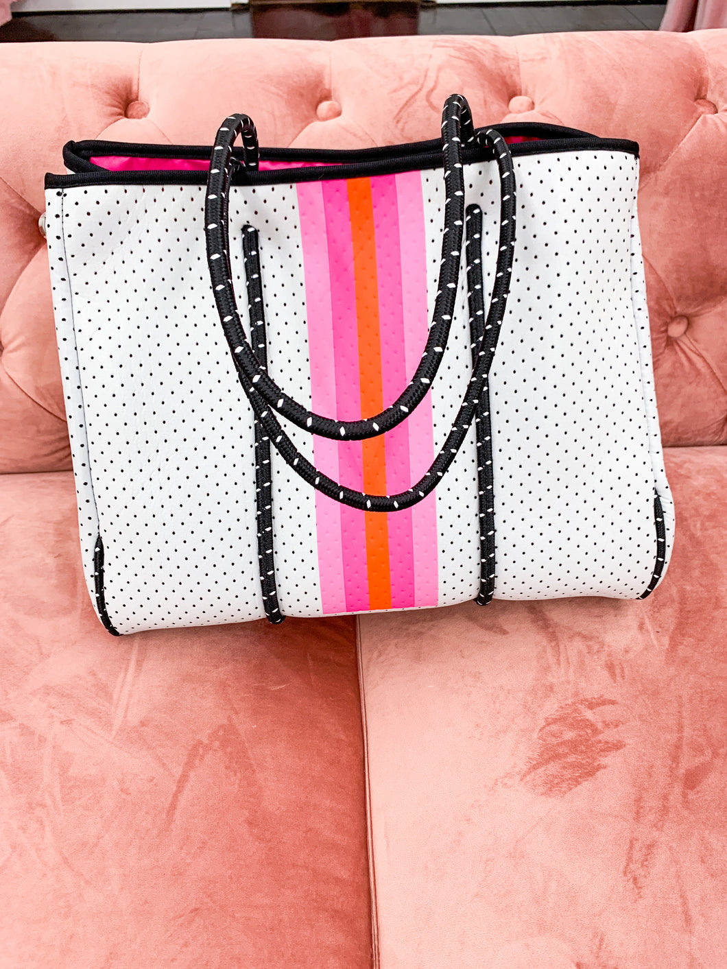 Neoprene Tote- White & Hot Pink Stripe