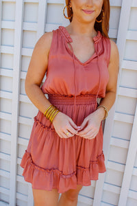 Allison Sleeveless Smocked Ruffle Dress- Apricot