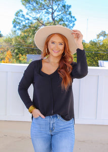 Ashley V Neck Long Sleeve High-Low Top- Black