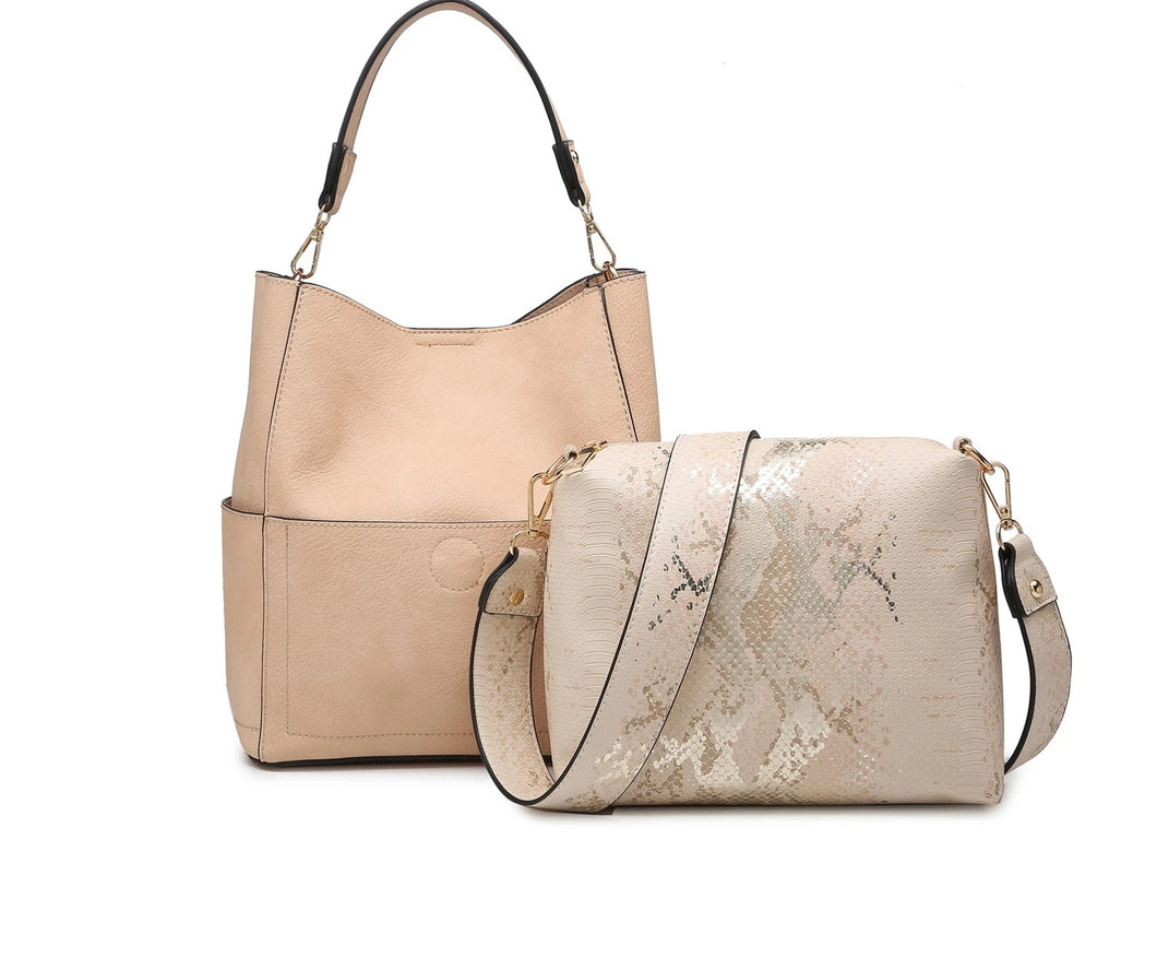 2-in-1 Bucket Bag- Taupe Snakeskin