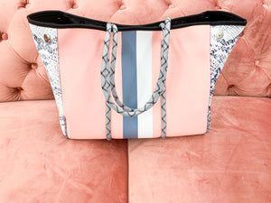 Neoprene Tote- Light Pink Snake & Grey