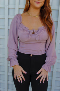 Haley Satin Tie Long Sleeve Crop- Liliac