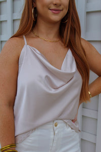 Kelly Cowl Neck Satin Cami- Ecru